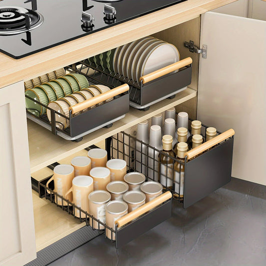 Pull Out Organizer, Pull-out Dish Rack With Wooden Handle And Drain Tray, Multifunctional Single Layer Dish Drying Rack