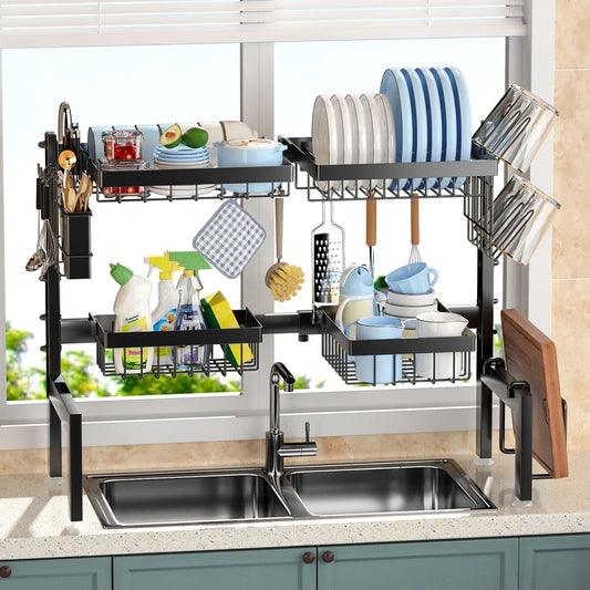 Over The Sink Dish Drying Rack, Adjustable 2 Tier Metal Steel Dish Drying Racks for Kitchen Counter